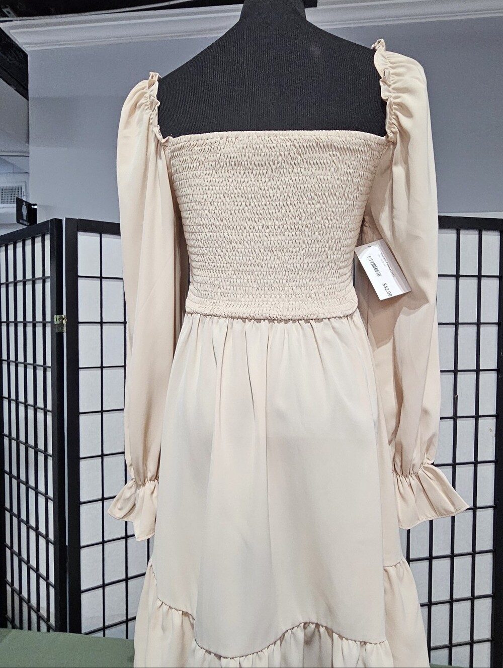 NWT Smocked Off-Shoulder Long Sleeve Midi Dress in Cream